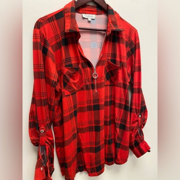 mySTYLE Red and Black Plaid Half Zip Top Size XL - Picture 3 of 6